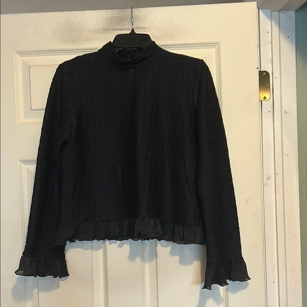Anthropologie Blue Tassel Textured Ruffled Black Pullover Top Size Medium